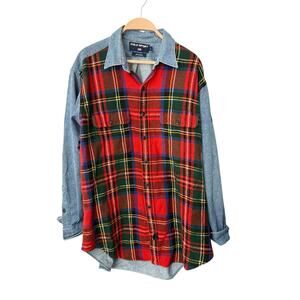 VTG 90s Polo Ralph Lauren Sz L Denim Plaid Flannel Button Up Shirt Sport
